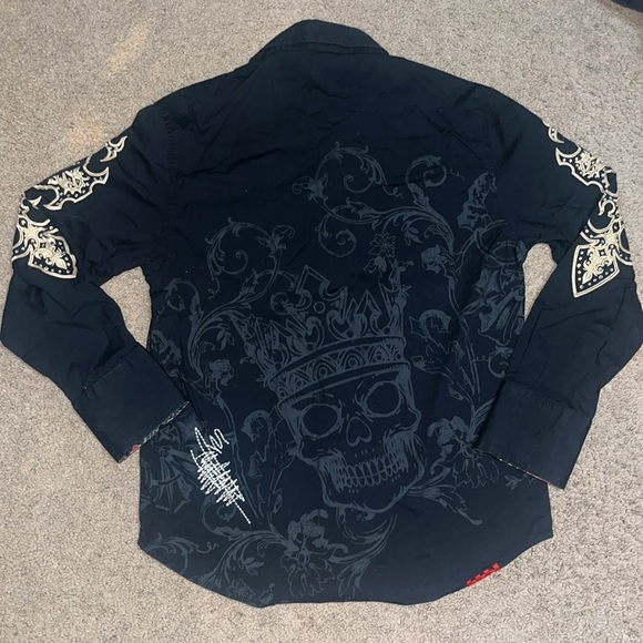 Rebel Spirit Royal Way Of Life Button Up Crown Skull Embroidery Flip Cuff Black - Picture 5 of 8